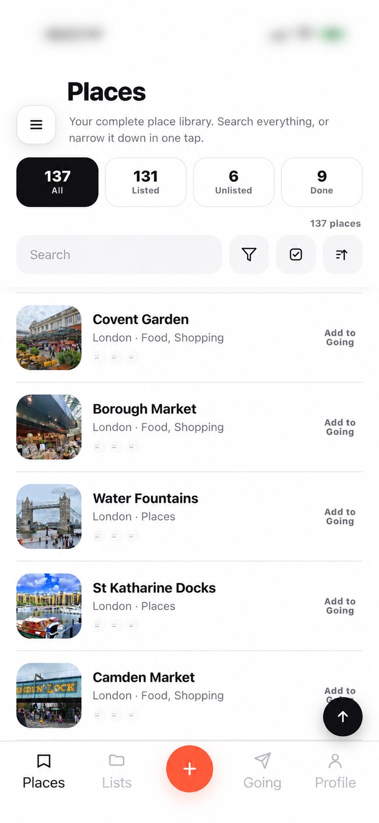 ListGo Places library showing saved London cafés and restaurants